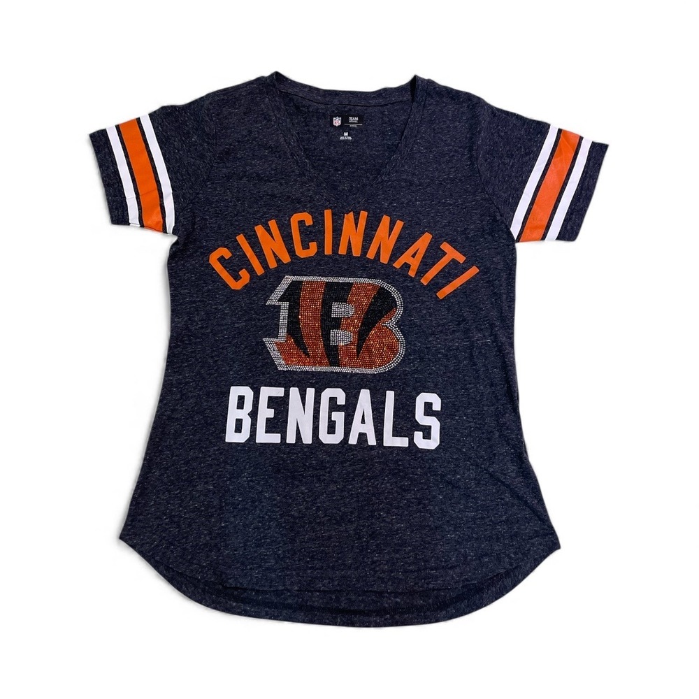 NFL Cincinnati Bengals Women's V Neck T Shirt Sparkle Logo Orange White Size M - Picture 13 of 13